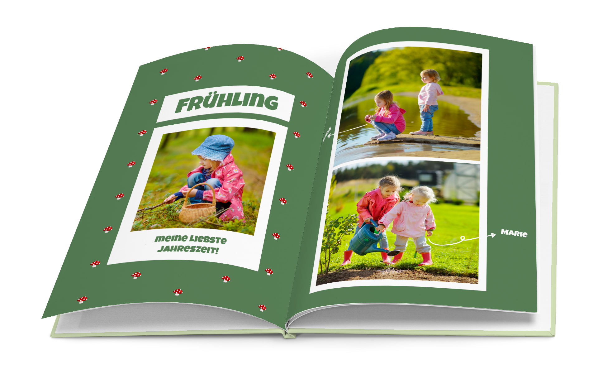 Zwei Kinder im Frühling, eines pflanzt, das andere spielt am Wasser. Titel: